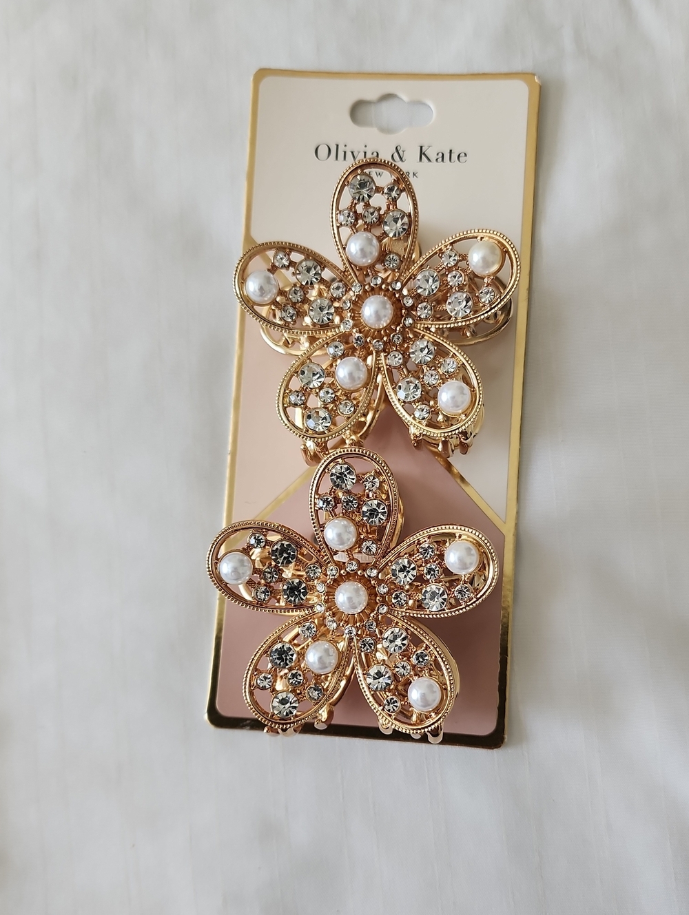 Olivia & Kate Gold Floral Pearl & Crystal Hair Clips - Set of 2